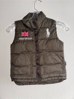 Polo Ralph Lauren Kids Great Britain Big Pony Puffer Vest Brown Sz M 10-12
